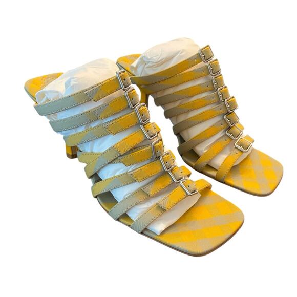 Burberry 76MM Step Check Cotton Heeled Strappy Sandals Buckled Square Toe Sz38.5